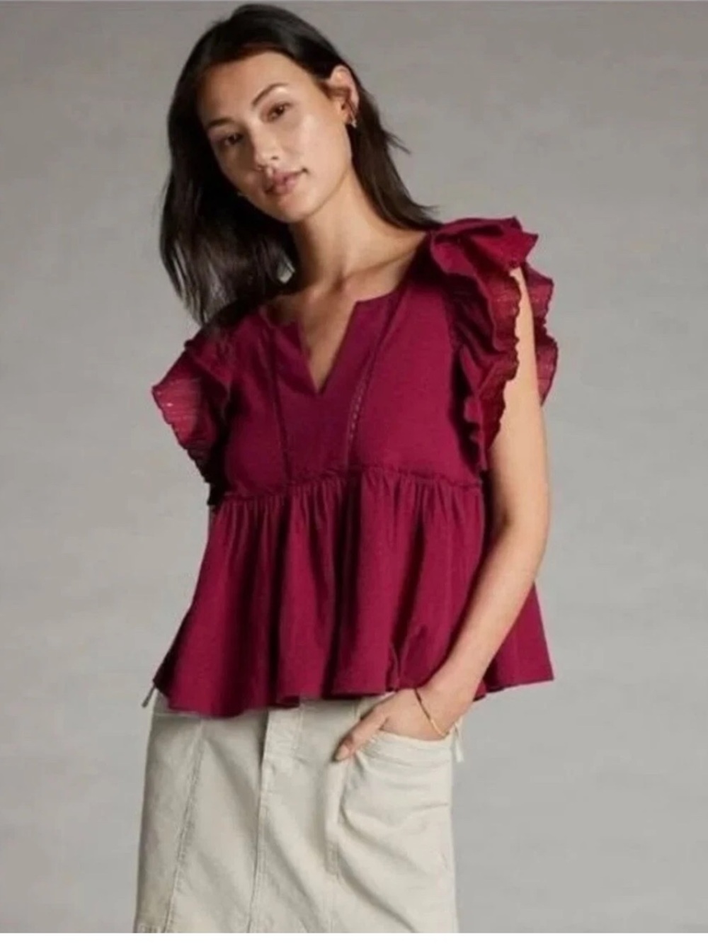 Anthropologie Caroline Ruffled Babydoll Top. Size XS. Color Raspberry.